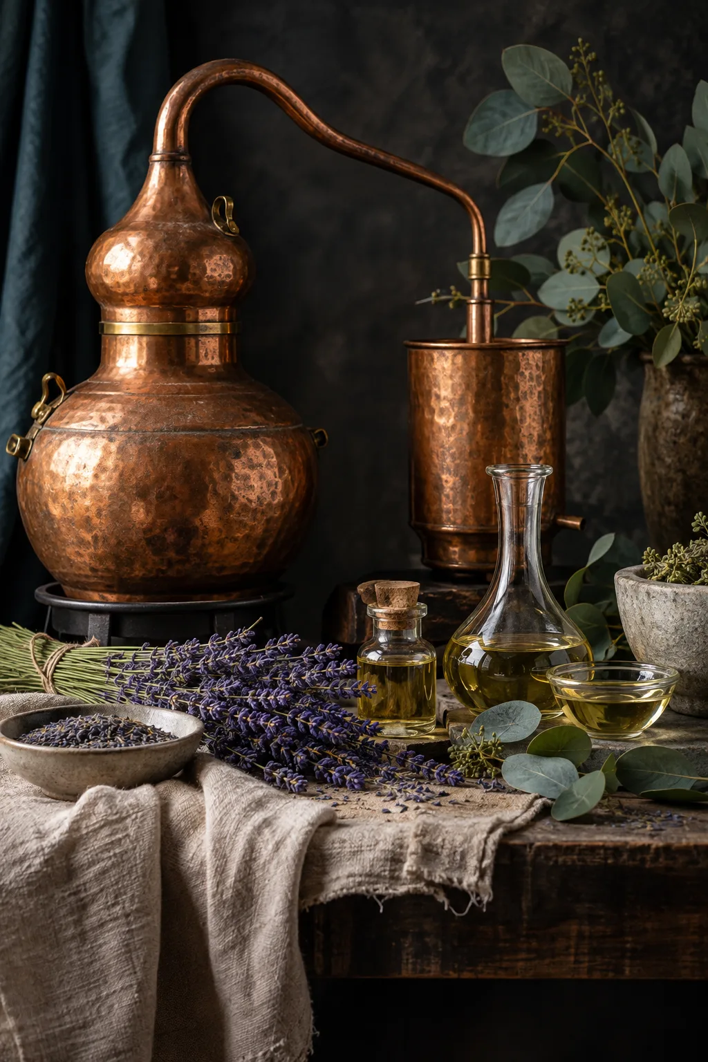 Traditional copper essential oil still with lavender, eucalyptus and glass oil vessels