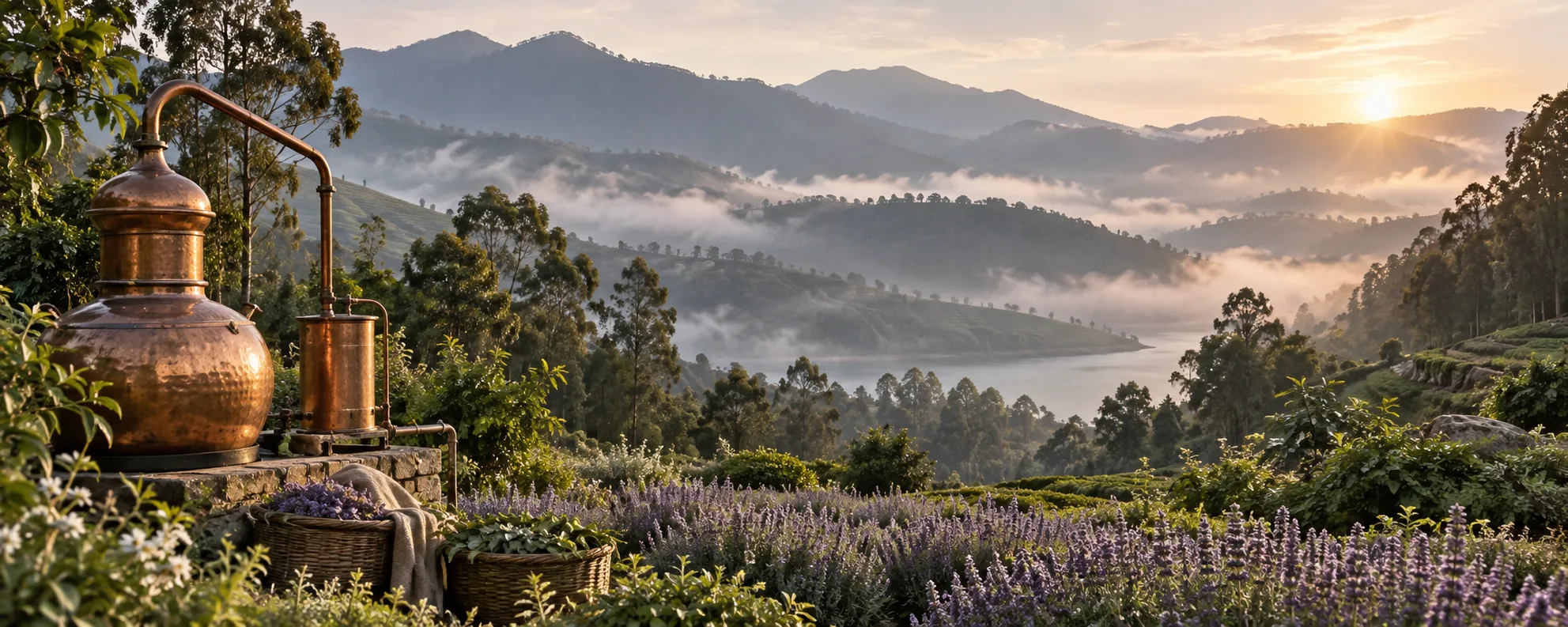 Copper essential oil distillation equipment overlooking the misty Blue Mountains near Ooty