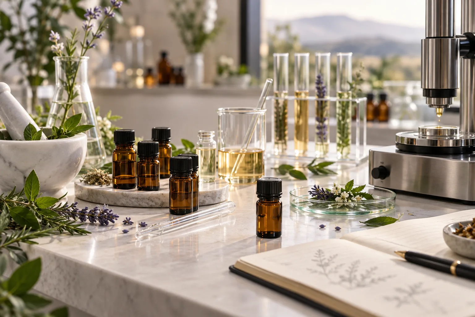 Essential oil research workspace with amber vials, botanical samples and testing equipment