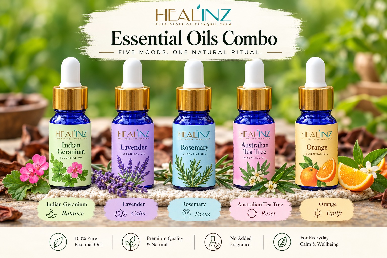 Healinz five-oil combo in its teal presentation box, captured from the product video
