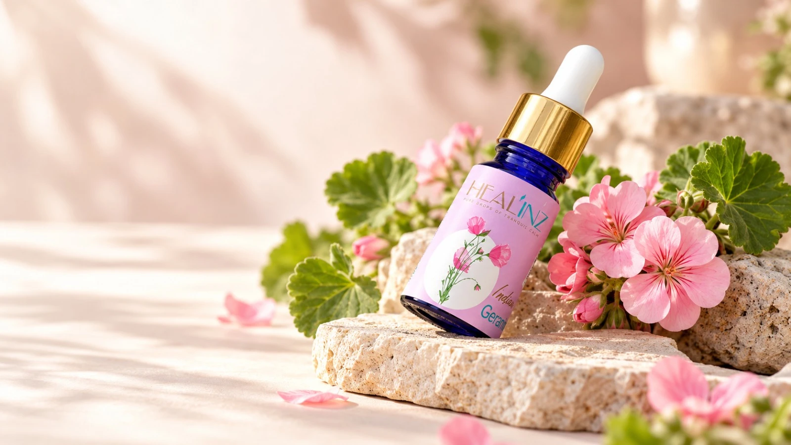 Indian Geranium essential oil bottle in a premium rosy botanical studio setting
