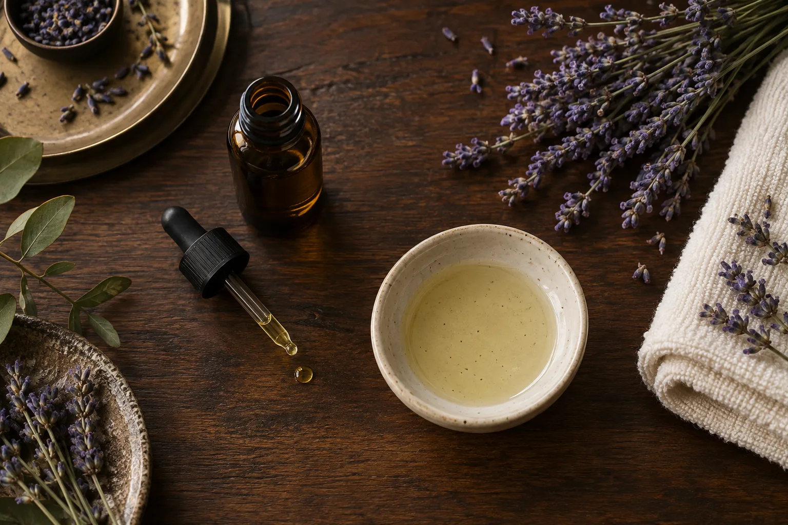 Amber dropper, carrier oil, lavender stems and cream towel arranged for careful diluted use