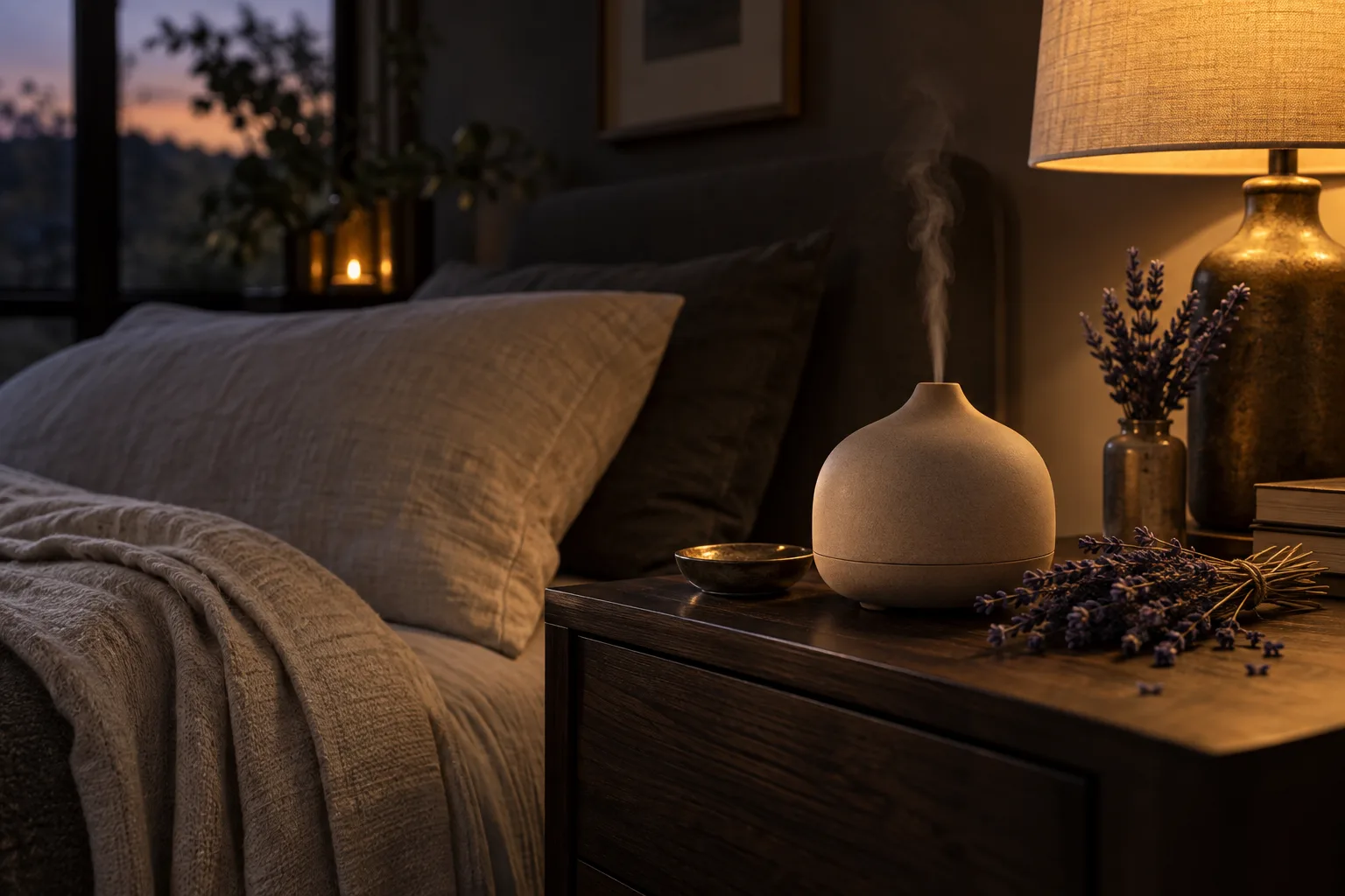 A calm evening bedroom ritual with a ceramic aroma diffuser and lavender stems