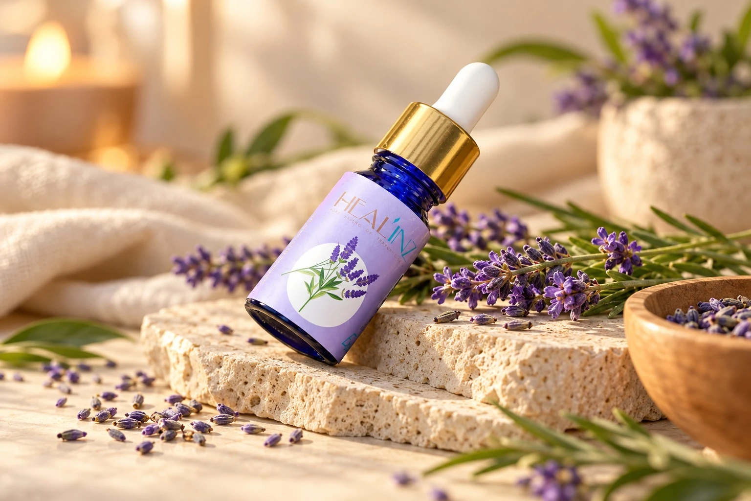 French Lavender essential oil bottle in a realistic premium studio product shoot