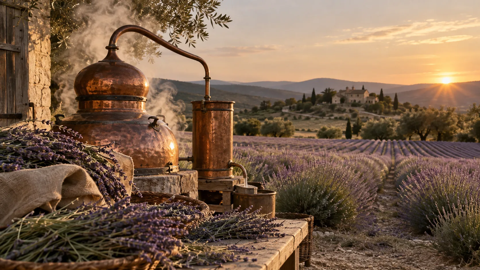 Lavender fields in Provence beside a traditional copper steam distillation vessel