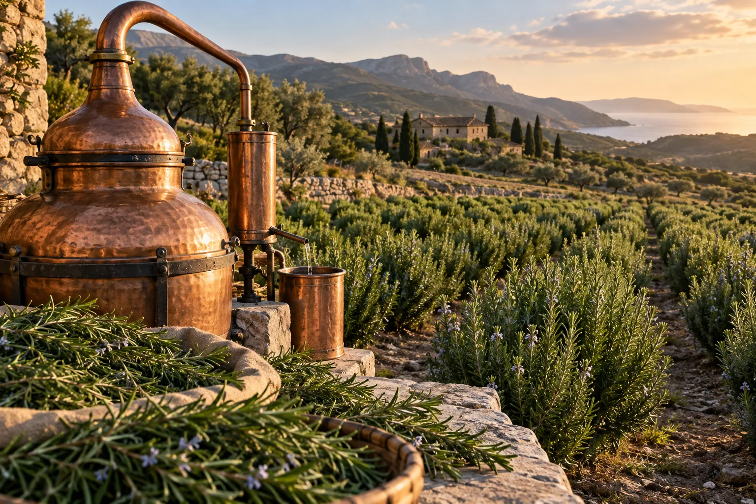 Rosemary fields in Spain beside a traditional copper steam-distillation vessel