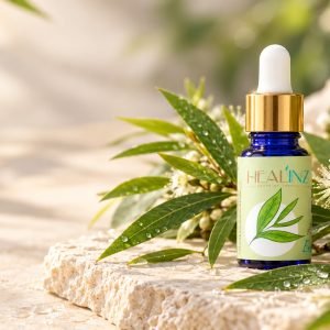 Australian Tea Tree Essential Oil bottle with botanicals