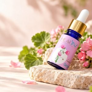 Indian Geranium Essential Oil bottle with botanicals