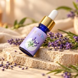 French Lavender Essential Oil bottle with botanicals