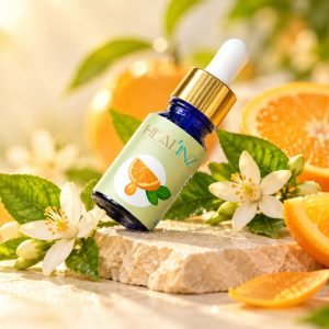 Brazilian Orange Essential Oil bottle with botanicals